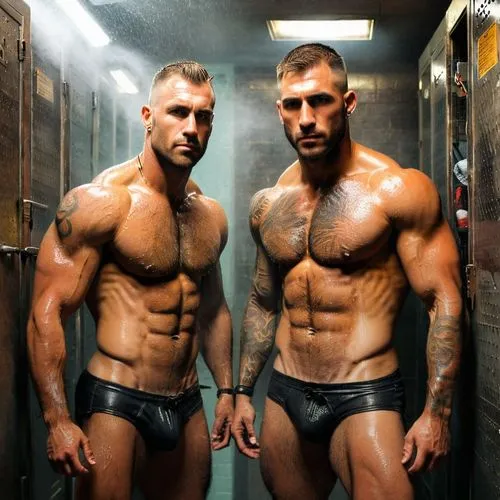 Show me a two nearly naked male pilots between 25 - 35 years old with super powered musclesin a locker room, getting shower, with only leather underwears, weathered torn with some wholes in it. Their 