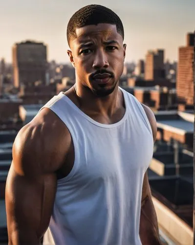 Michael B Jordan, strong jawline, muscular man, 30s, short black hair, trimmed beard, intense gaze, serious expression, white tank top, athletic physique, sweaty skin, outdoor training, city rooftop, 