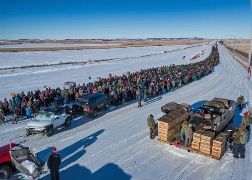 December 3, 2016 - Cannonball, North Dakota, United States - Veterans arrived en mass to Standing Rock, bringing a massive amount of supplies including winter clothing, food and firewood by the truck 