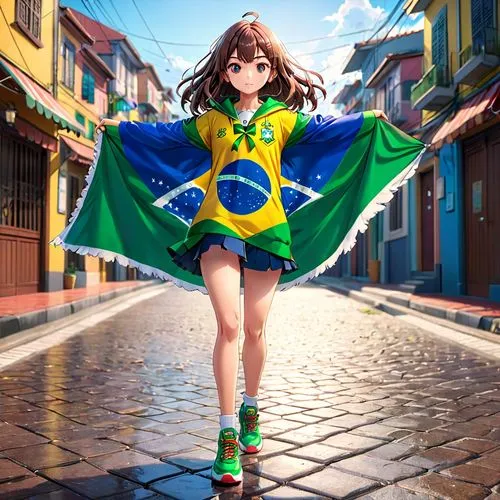 anime character,girl,brazil flag,a girl is walking down the street holding a large flag,samba,brasileira,brazilianwoman,brazil,brazillian,brazils,Anime,Anime,General