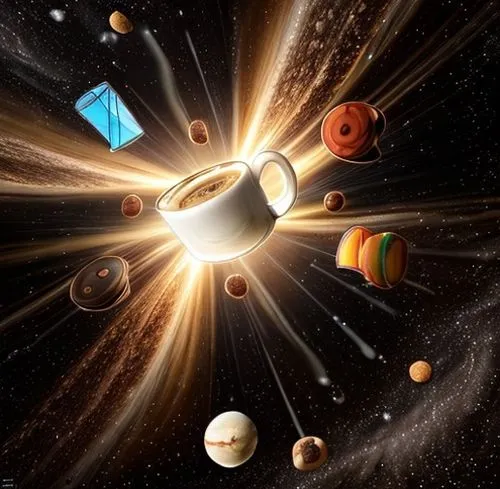 A cup of coffee pretending to be the sun surrounded by cookies and marshmallows pretending to be planets,planetary system,the solar system,solar system,inner planets,saturnrings,io centers,copernican 