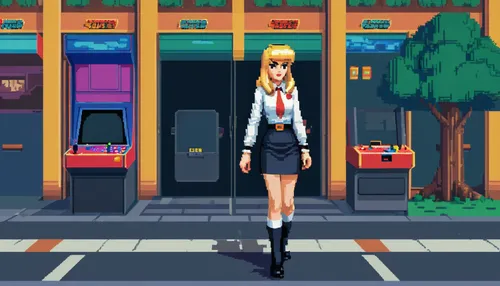 arcade,pixel art,arcade game,convenience store,the girl at the station,bus stop,pixel cells,city trans,busstop,retro styled,vector girl,girl walking away,pixel,arcade games,alley,heavy object,game illustration,shopkeeper,retro girl,alleyway,Unique,Pixel,Pixel 04