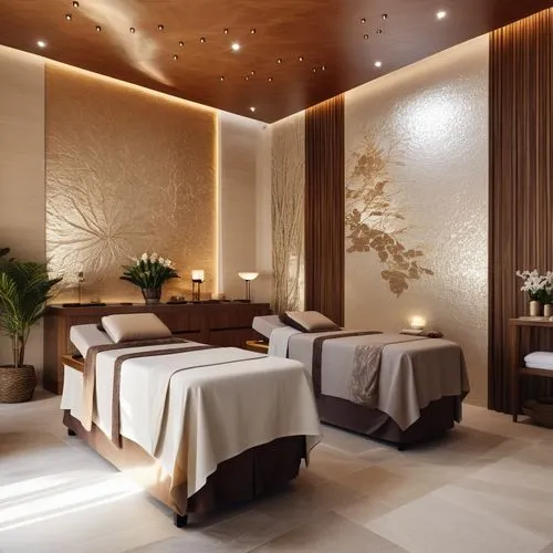 The massage room with two massage tables is decorated in luxurious natural shades of vanilla, cocoa, beige, cream color. Everything for relaxation and meditation. There is a beautiful mural on the wal