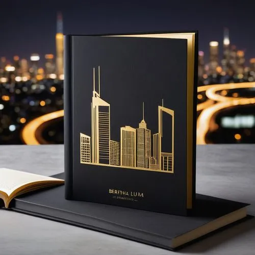 Modern architecture portfolio cover, leather-bound, gold-foiled title, minimalist design, sleek lines, embossed logo, textured paper, matte finish, subtle branding, professional tone, urban cityscape 