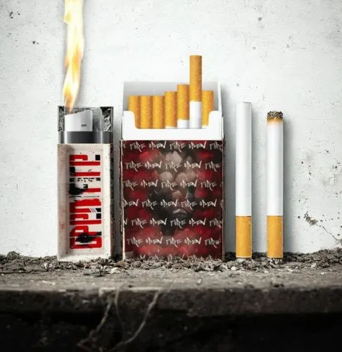 Cigarette Display, Red and white color scheme,  realistic, grunge, gritty, cinematic, apocalyptic, "OPEN FIRE" Cigarette pack, realistic,,cigarette box,cigarettes on ashtray,cigarette butts,cigarettes