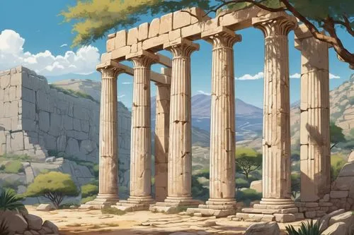 acropolis,greek temple,delphi,celsus library,artemis temple,ancient city,segesta,celsus,tiryns,parthenon,herakleion,roman temple,mycenae,temple of poseidon,ancient buildings,erechtheus,ancient ruins,temple of hercules,meteora,the parthenon,Illustration,Japanese style,Japanese Style 07