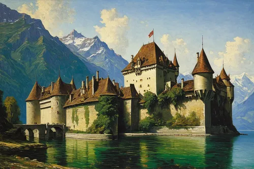 oberhofen castle,thun,templar castle,water castle,thun lake,medieval castle,knight's castle,castel,lake thun,waldeck castle,bach knights castle,castle of the corvin,neuschwanstein,moated castle,castle,peter-pavel's fortress,neuschwanstein castle,old castle,castles,taufers castle,Illustration,Realistic Fantasy,Realistic Fantasy 03