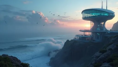 futuristic landscape,cesar tower,futuristic architecture,house of the sea,lighthouse,outpost,fantasy landscape,observation tower,seasteading,oceanfront,ocean view,sky space concept,island suspended,imperial shores,dunes house,seafort,skyreach,tidal wave,sky apartment,ocean waves,Photography,General,Realistic