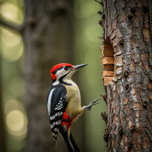 Woodpecker pecking at a tree trunk in a forest,pileated woodpecker,woodpecker,woodpecker bird,great spotted woodpecker,red-bellied woodpecker,flicker woodpecker,woodpecker finch,red bellied woodpecker