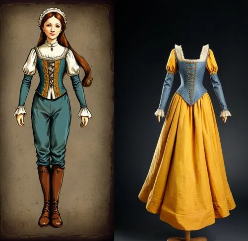 Paper doll one solo medieval noble women in white blouse ,grey tight legging with brown boot on the left standing with a headless faceless fashion mannequin clothing item set of elegant medieval noble