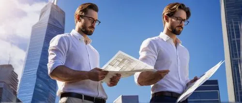 Architectural designer, male, 30s, standing, confident pose, glasses, short brown hair, beard, white shirt, dark blue pants, black leather shoes, holding a blueprint, standing in front of a modern sky