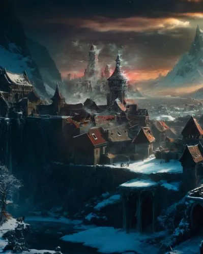 icewind,neverwinter,erebor,osgiliath,darklands,northrend,woolfe,rendalen,coldharbour,tunheim,fantasy landscape,mountain settlement,jotunheim,darkfall,undermountain,sovran,darksiders,arenanet,lankhmar,nordheim