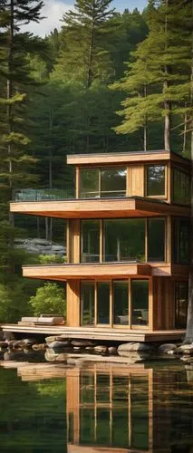 house with lake,house by the water,houseboat,boat house,mid century house,timber house,floating huts,deckhouse,boathouse,forest house,wooden house,houseboats,snohetta,mid century modern,stilt house,house in the forest,log home,forest lake,prefab,floating over lake,Illustration,Realistic Fantasy,Realistic Fantasy 45