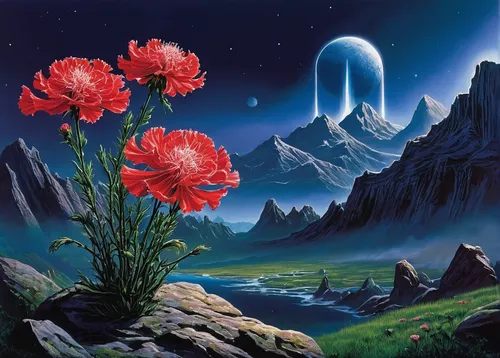 Imagine a dark fantasy world where a sprouting rock carnation is used to cast powerful spells.,cosmos,futuristic landscape,valerian,cosmos field,vulcan,mushroom landscape,klatschmohn,landscape rose,tu