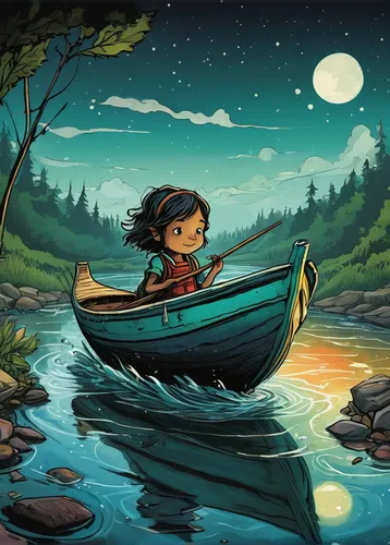 dugout canoe,canoeing,canoe,girl on the river,girl on the boat,little boat,boat landscape,mowgli,moana,floating on the river,kids illustration,fishing float,perched on a log,paddling,pocahontas,canoes,raft,long-tail boat,adrift,mulan,Illustration,Realistic Fantasy,Realistic Fantasy 23