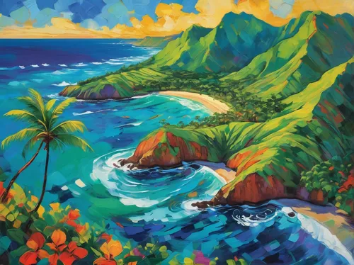 molokai,napali coast,kauai,napali,maui,luau,oahu,hawaii,kalua,blue hawaii,coastal landscape,tropical sea,aloha,navajo bay,south pacific,mahé,beach landscape,tahiti,samoa,hawaiian food,Conceptual Art,Oil color,Oil Color 25