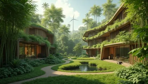 Bamboo forests, lush greenery, sustainable architecture, eco-friendly designs, recycled materials, reclaimed wood, low-carbon footprint, solar panels, wind turbines, rainwater harvesting systems, gree