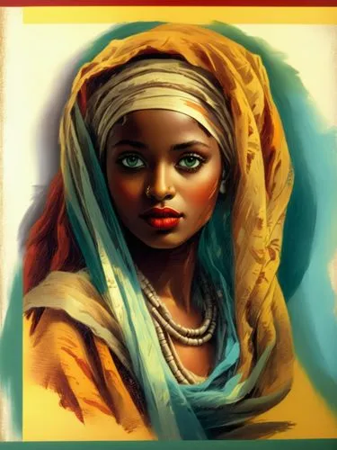 a woman with a yellow head scarf wearing a yellow outfit,african woman,tahoua,nubian,afar tribe,fatoumata,comorian,Illustration,Realistic Fantasy,Realistic Fantasy 21