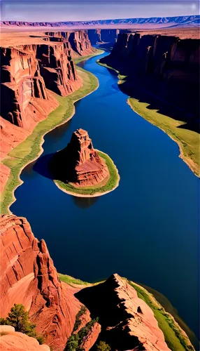 Canyon landscape, vast valley, rocky cliffs, erosion patterns, deep gorge, Colorado River, calm water reflection, sunny day, soft shadows, warm color tone, panoramic view, ultra-wide-angle lens, drama