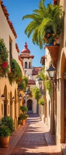 Spanish-style architecture, San Diego, California, USA, bright sunny day, clear blue sky, white stucco walls, red-tiled roofs, ornate wooden doors, wrought iron balconies, lush greenery, palm trees, v