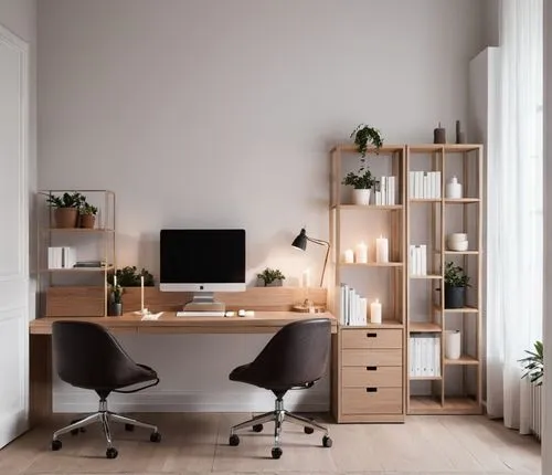 the chair is near the computer on the desk,blur office background,office desk,working space,modern office,desk,creative office,Photography,General,Realistic