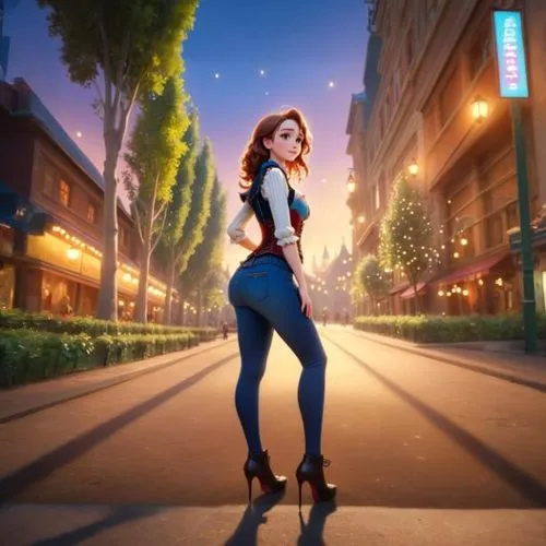 disneyfied,sidestreets,disneytoon,lorelai,megara,elastigirl,brigette,disney character,trine,fashionable girl,world digital painting,girl walking away,cartoon video game background,dusk background,imageworks,giantess,princess anna,hollywoodland,jodhpurs,giaimo