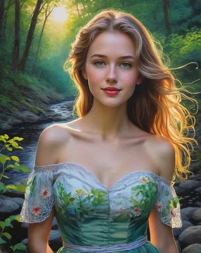 celtic woman,fantasy portrait,fantasy art,fantasy picture,mystical portrait of a girl,fae,faerie,the blonde in the river,young woman,romantic portrait,girl in the garden,world digital painting,fairy tale character,forest background,faery,landscape background,celtic queen,girl on the river,oil painting on canvas,portrait background,Conceptual Art,Daily,Daily 07