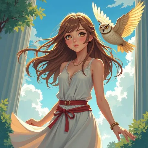 Teenage Girl, Athena, greek goddess, owl flying around her, following the owl with her view, flowy hair, natural tunes of colour,the young woman is holding onto a bird with long hair,angel,anjo,winged