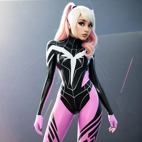 Ariana grande, as spider gwen, pink suit, dirty blonde hair,pink vector,diamond zebra,barbie,cosmetic,pink diamond,diamond back,nova,cyber,pink cat,3d model,anime girl,3d rendered,pink double,the pink