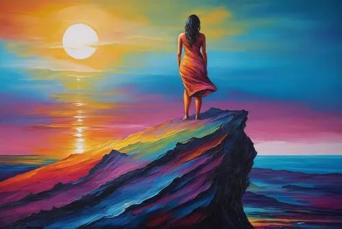 oil painting on canvas,dream art,dreamscape,psychosynthesis,art painting,dubbeldam,dreamscapes,oil painting,equilibrium,equilibrio,oil on canvas,dreamtime,horizons,colorful background,pintura,inner light,hanging moon,equilibrist,guiding light,inanna,Illustration,Realistic Fantasy,Realistic Fantasy 25