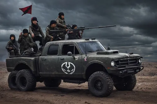 Imagine a dystopian future where a rebel group uses a modified Freedom Dodge as their symbol of resistance.,uaz patriot,uaz-452,uaz-469,toyota hilux,medium tactical vehicle replacement,russian truck,u