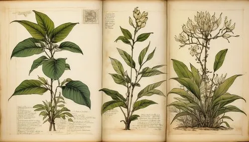 old paper page, Botanical Ink Drawings, tropical vanilla plant, shades and lines, old manuscript, earthy tones, artistic technique and craftsmanship, Herbier Tonnellier,a book with four leaves and two