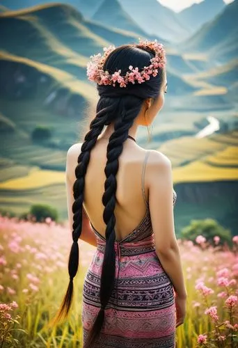 spectacular scene of Ha Giang nature in the background, an elegant Vietnamese lady with long braided black hair wears a tribal electic chic backless dress with Vietnamese tribal pattern in light earth