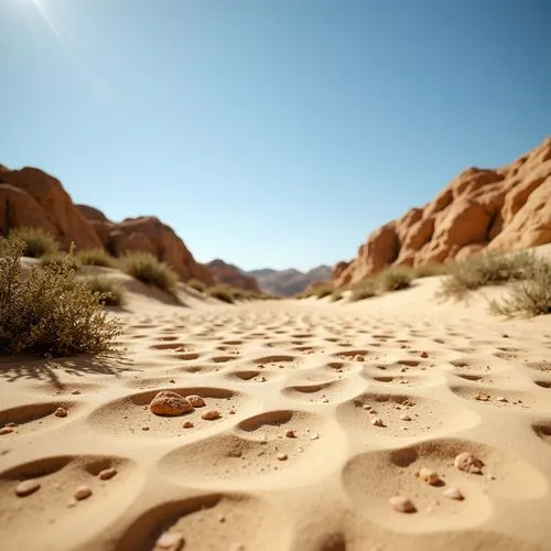 Warm beige sand, coarse granular texture, natural earthy tone, desert landscape, sandy dunes, cactus plants, hot sunny day, clear blue sky, vast open space, organic formations, intricate patterns, wea