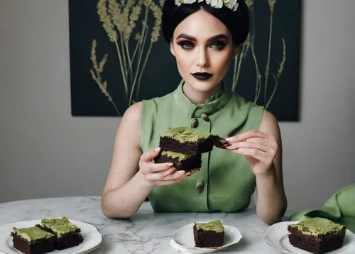 An easy recipe for Bittersweet Brownies with Matcha Frosting + a discussion on the stigma associated with bipolar disorder.,food styling,cake stand,flourless chocolate cake,water chestnut cake,garnish