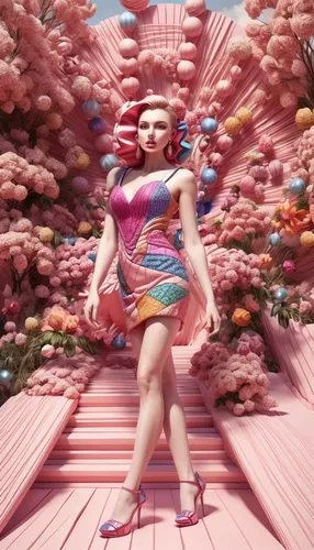 prismatic,bjork,candy island girl,sugar candy,3d fantasy,plasticine,popart,hard candy,girl in flowers,flower wall en,retro woman,digital compositing,majorette (dancer),photomanipulation,artistic roller skating,colorful,fabulous,plastic arts,paintbrush,prism