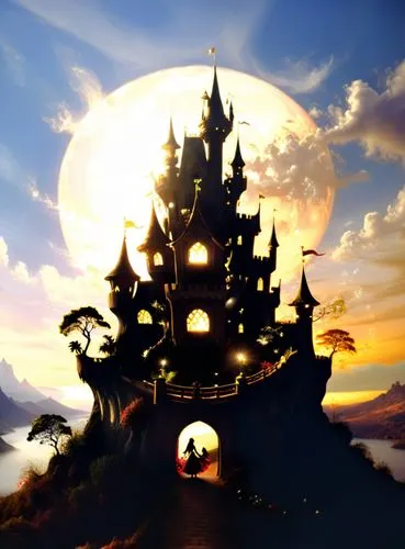 the painting depicts a castle in the sky,cartoon video game background,fairy tale castle,fantasy world,house silhouette,fantasyland,fantasy city,Illustration,Realistic Fantasy,Realistic Fantasy 02