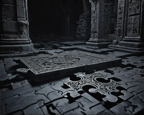 celtic cross,sepulchre,gothic architecture,medieval architecture,carvings,hall of the fallen,catacombs,dark gothic mood,stone floor,floor tiles,haunted cathedral,gothic,crypt,jigsaw puzzle,medieval,holy places,carved stone,stone carving,gothic style,byzantine architecture,Illustration,Realistic Fantasy,Realistic Fantasy 46