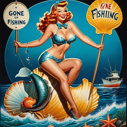 (Playful pin-up art by Archie Dickens, by Dan DeCarlo, by Bill Ward :1.5), (a curvy, mischievous mermaid perched on a giant seashell :1.3), (holding a "gone fishing" sign, with a sly smile and a wink 