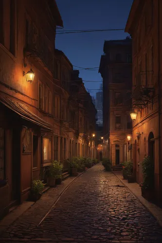 the cobbled streets,old linden alley,cobblestone,rome at night,cobblestones,rome night,alleyway,narrow street,alley,french digital background,medieval street,cobble,night scene,old city,evening atmosphere,old town,street lamps,french quarters,street lights,night image,Illustration,Realistic Fantasy,Realistic Fantasy 27