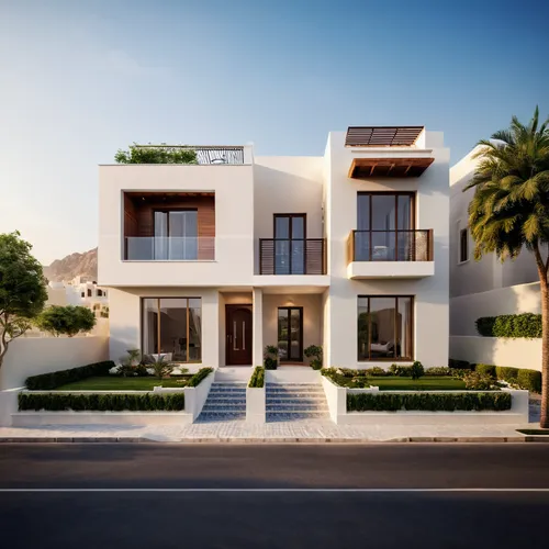 "Architects, envision a set of twin villas with a classic design on a 20-meter frontage lot in an urban area of Muscat, Oman, featuring a sidewalk and an asphalt road with cars. Design each villa with