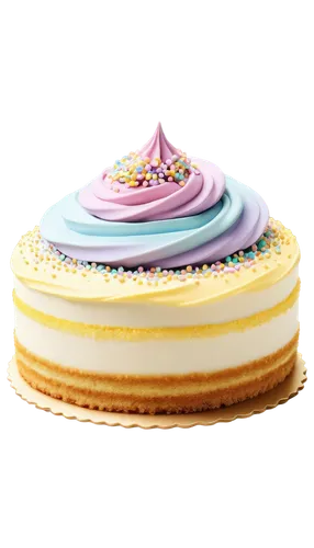 Round cake, pastel colors, layered structure, creamy frosting, sprinkles decoration, golden brown crust, delicate textures, soft focus, warm lighting, 3/4 composition, shallow depth of field, macro sh