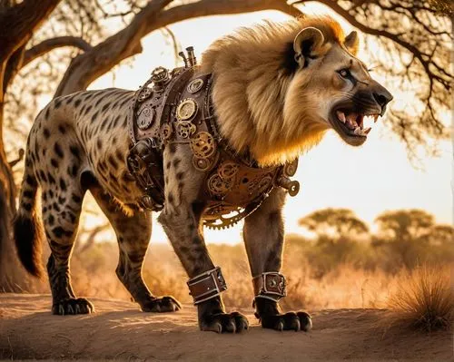 Savannah, lion-hyena hybrid, muscular male, yellow-brown fur, black mane, sharp teeth, claws, strong legs, standing, proud posture, looking up, sunset background, acacia trees, dry grass, warm lightin