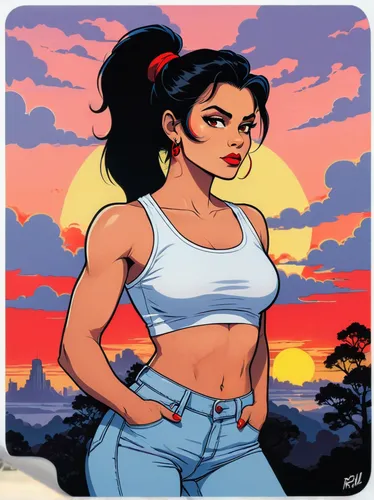 rockabella,dusk background,retro girl,summer icons,rosa ' amber cover,tumblr icon,retro woman,retro frame,muscle woman,retro background,beach background,edit icon,mulan,retro women,rosa bonita,sunset glow,santana,vector illustration,crop top,blogger icon,Art,Artistic Painting,Artistic Painting 23