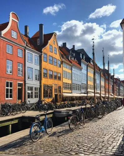 Copenhagen, Denmark, Nordic style, modern, historical, colorful, Nyhavn harbor, brick buildings, steep roofs, chimneys, ornate facades, canal boats, sunny day, clear blue sky, few white clouds, bicycl