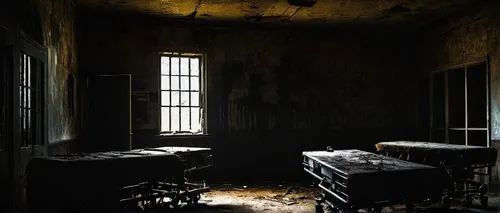 Dark, ominous deathcore artwork, eerie, abandoned asylum, crumbling walls, shattered windows, rusty medical equipment, old surgical tables, dimly lit, flickering fluorescent lights, eerie shadows, sin