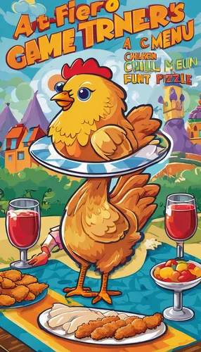 Design a colorful children's menu featuring chicken tenders, along with fun activities and puzzles,cooking book cover,chicken 65,chicken product,crispy fried chicken,fried chicken,chicken barbecue,chi