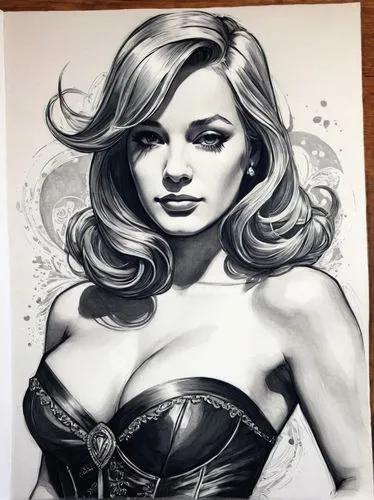 Descarga fondos de pantalla bonitos para tu dispositivo , pencil drawing of girl 
Hildegard Knef    
 by 
STAN LEE
 , giant perfect round fake chest, stunning slim waist, 
tight strapless dinner dress