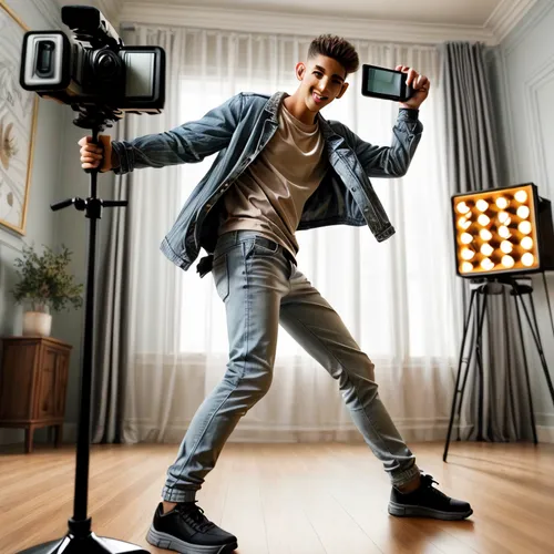 camera stand,videographer,visual effect lighting,photo shoot on the floor,cinematographer,b-boying,scene lighting,hip-hop dance,camera man,canon speedlite,man holding gun and light,athletic dance move