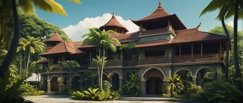 Traditional Mindanao-inspired architecture, tropical climate, vibrant colors, intricately carved wooden accents, ornate facades, curved lines, Islamic geometric patterns, majestic domes, grand entranc